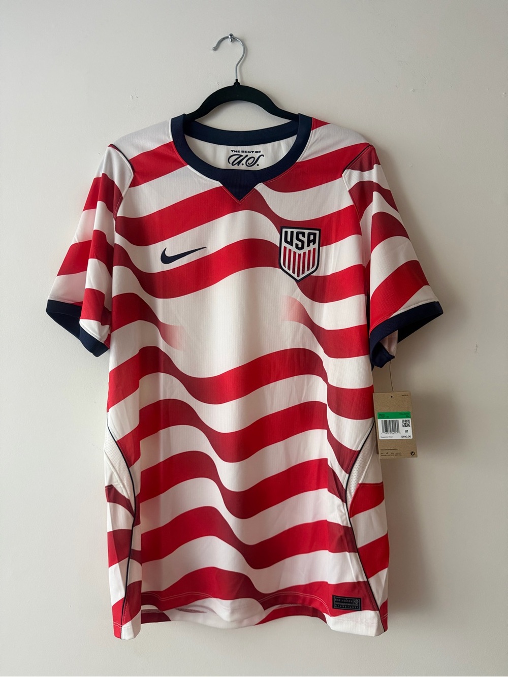 Nike Kids USA Red and White Wavy Stripe Soccer Jersey with Navy Trim